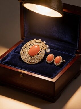 Gold-Tone Coral Stone Brooch and Earrings Set - Women Jewelry